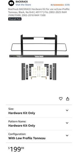 40117 Backrack Realtruck Hardware Kit 2002-2018 Ram 1500 2002-2025 2500/3500