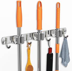 Cuxixa 611558459365 Mop And Broom Holder Wall Mount Upgraded 3 Racks With 4 Hooks Silver