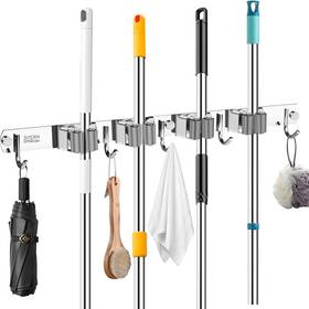 Jscy1000003 Dmikcav Mop And Broom Holder Wall Mounted 4 Racks 5 Hooks Upgraded Silver