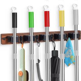 Bh-54 Funcee Broom Holder Wall Mount With 5 Slots And 4 Hooks Rustic Wood Mop