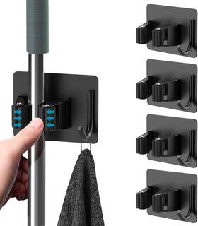Sus304 Homeasy Mop Broom Holder No Drill Organizer Wall Mounted Heavy Duty Black