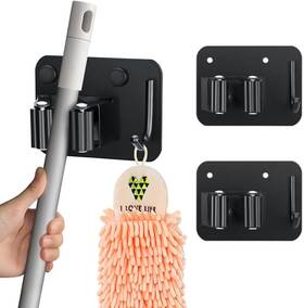 2pcs-matte Jamend Clxp Bhh-01 2-pack Broom Holder With Heavy Duty Hooks Upgraded Black Hook