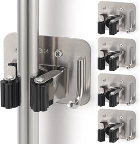 Klebv 603134798050 Broom Holder Wall Mount Screw Drilling Sturdy Heavy Duty Silver-black