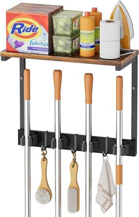 Kelin-02 Olakee Broom Holder Wall Mount With Cleaning Supplies Small Black And Rustic Brown