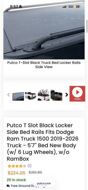 69873 Putco Cross Rails Oval Truck Bed Fits Dodge Ram 1500 2019-2025 6ft4 Inch