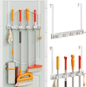 Lz-01 Rasdwt Broom Holder Over The Door Wood And Mop Rack White