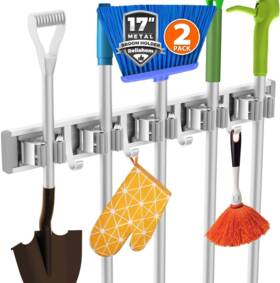 Reliahom 712215987976 2 Pack Broom Holder Wall Mount Mop And Hanger Mounted 5 Racks 4 Hooks
