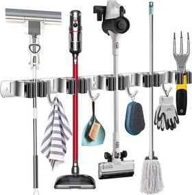 Ts003 Tskcos Heavy Duty Metal Mop And Broom Holder Rust Proof 5 Racks 4 Hooks Silver